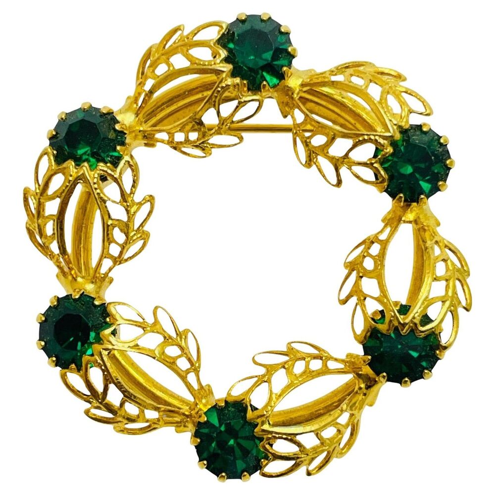 Vintage gold tone emerald green rhinestones designer brooch